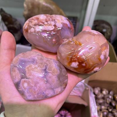 China China wholesale natural pink flower agate heart cherry blossom agate heart shape for fengshui for sale