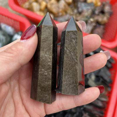 China Wholesale Natural Obsidian Crystal Gold Gemstone Tricks Healing China Quartz Point Crystal Magic Wand For Decoration for sale