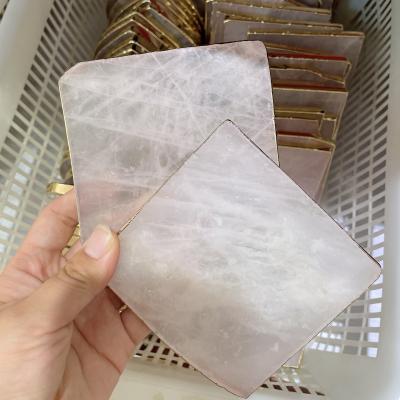 China Wholesale Natural Square Teacup China Rose Quartz Stones Gemstone Slice Pink Crystal Coastar Healing Slab For Home Decoration for sale