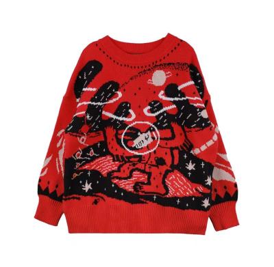 China 2022 Dropshipping Anime Cartoon Pattern Jacquard Women's Christmas Polyester Crewneck Lightweight Thermal Loose Anti-wrinkle Sweater for sale