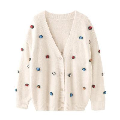 China Hot Selling Women's Anti-pilling Flower Ball Colorful Handmade V-Neckline Loose Knit Sweater Cardigan for sale