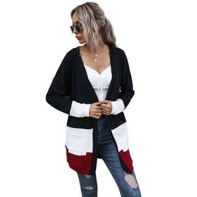 China Anti-Wrinkle Contrast Quilted Autumn Computer Knitted Long Casual Knitted High Quality V-Neck Length Cotton Sweater Medium Cardigan Women for sale