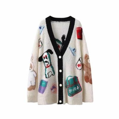 China Anti-pilling Women's Cartoon Hand Embroidered Letter V-Neck Sweater High Quality Knitted Loose Cardigan for sale