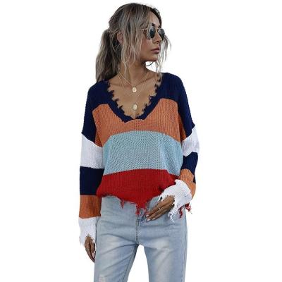 China 2021 Autumn New Women's V-Neck Sweater Fashion Anti-wrinkle Stripe Stitched Sweater for sale