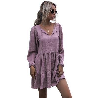 China Women's Sexy Neck Anti-Wrinkle Custom Fashion Solid V Long Sleeve Casual Dress for sale