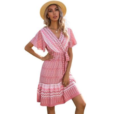 China Anti-wrinkle Woman Tops V Neck Flare Sleeve Fashionable Printed Dress for sale