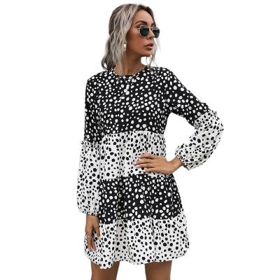 China Anti-wrinkle women's fashion chiffon polka dot O-neck print long sleeve dress in 2021 for sale