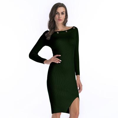 China 2021 Autumn Anti-Static Women's O-Neck Long Sleeve Solid Knitted Split Bottom Sweater Dress for sale