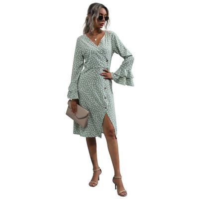 China Anti-wrinkle Women's Fashion New Printed V-Neckline Flare Long Sleeve Slit Dress In 2021 for sale