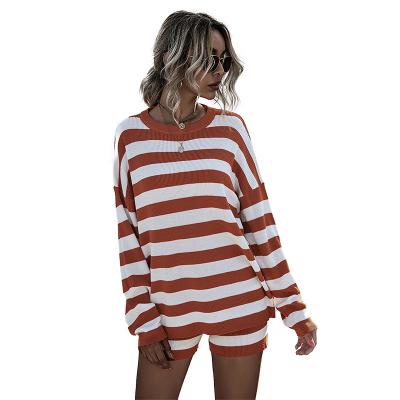 China 2021 Autumn QUICK DRY Women's Popular Casual Comfort Stripe Crew Neck Contrast Knit Set for sale