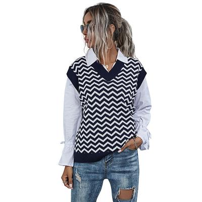 China 2021 Breathable V-Neck Casua Sweater Top Selling Knitted Sleeveless Geometric Tank Top for sale