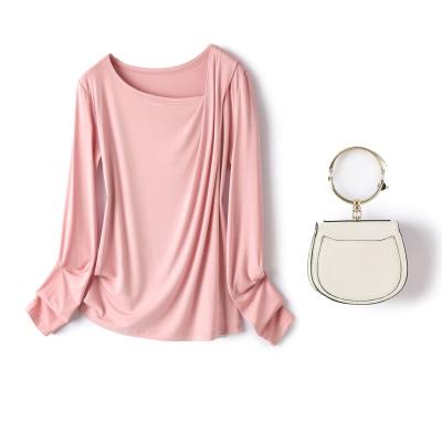 China Anti-Wrinkle Women's High Quality Loose Irregular Crease V-Neck Long Sleeve Based T-Shirt for sale