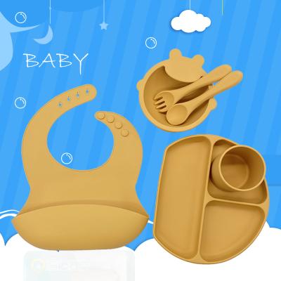 China Wholesale Sustainable Silicone Baby Feeding Set Silicone Baby Bibs Waterproof And Suction Baby Bowl Set for sale