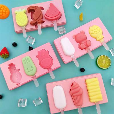 China New Cute 3 Cavities Design Home Food Grade Silicone Stick Triple Trays Multifunctional Cute Ice Cream Molds for sale