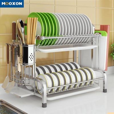 China Minimalist 2 Tiers Stainless Steel Drying Storage Shelf Metal Dish Bowl Dish Kitchen Rack Silver Dish Rack for sale