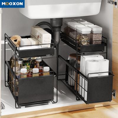 China Viable 2 Tier Kitchen Metal Basket Shelf Organizer Under Sink Sliding Basket Storage Drawers Racks for sale