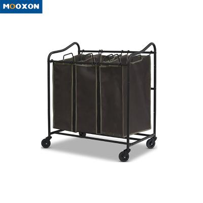 China Easy Assemble 3 Bag Organizer Rolling Sorter Cart Chrome Pantry Folding Laundry Storage Clothes Home Laundry Basket for sale