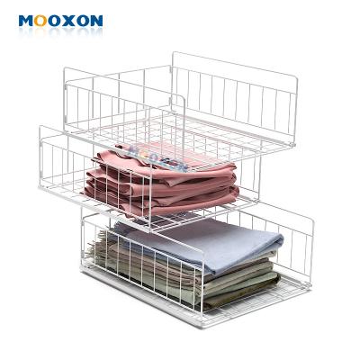 China 2/3 Sustainable Retractable Drawer Tier Clothing Basket Push Pull Stacking Baskets Shelving Storage for sale