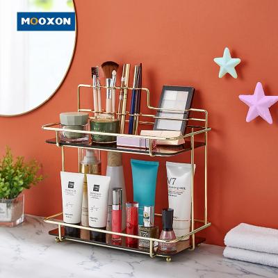 China Standing 2 Tier Gold Cosmetics Perfume Lipstick Stand Metal Socket Makeup Holder Display Jewelry Storage Glass Rack for sale