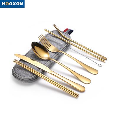 China Sustainable 7 Pieces Stainless Steel Gold Camping Utensils Kitchen Accessories Forks Spoons Knives Cutlery Set Dinnerware Sets for sale