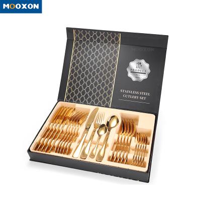 China Sustainable 24 Piece Mirror Polished Flatware Sets Matte Gold Cutlery Kitchen Spoon Fork Knife Set for sale