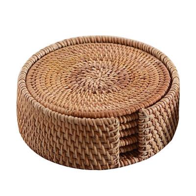 China Modern Round Natural Rattan Weave Cup Non-slip Mat Pads Cup Coasters Roll Mat for sale