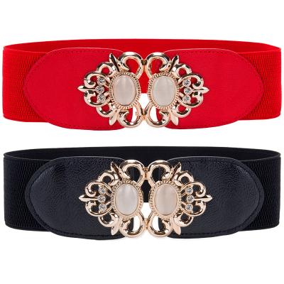 China 6.0cm width many designs zinc alloy pieces of two buckles elastic waistbands, women's dress belt KFB-011 for sale