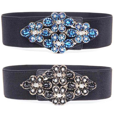 China Cowhide 6.0cm Width Women's Rhinestones Two Pieces Buckle Elastic Waistband Waistband, Custom Waist Trimmer Slimming Belt for sale