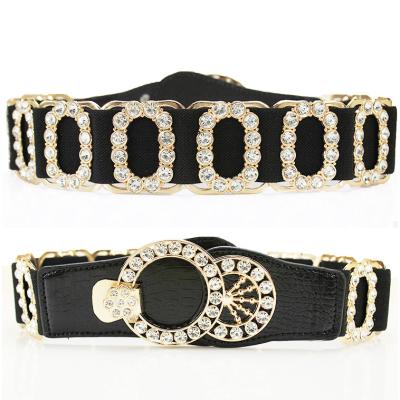 China Cowhide 5.5cm Width Women's Rhinestone Pin Buckle PU Crystal Belt, Custom Made Crystal Belt for sale