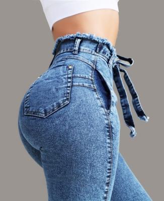 China 2021 New Fashion Elastic Ripped Women's Pencil Blue High Waist Thin Skinny Fit Breathable Jeans Women's Jeans for sale