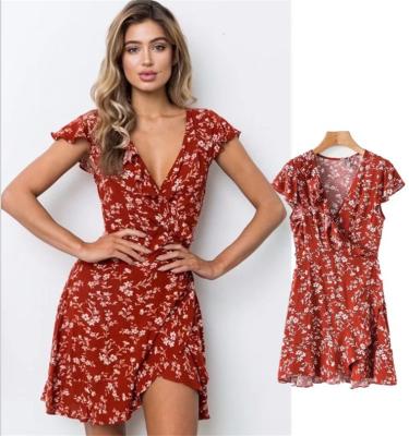 China Breathable Soft Ruffle Floral Print V-Neck Beach Dress Bohemia Short Dress for sale