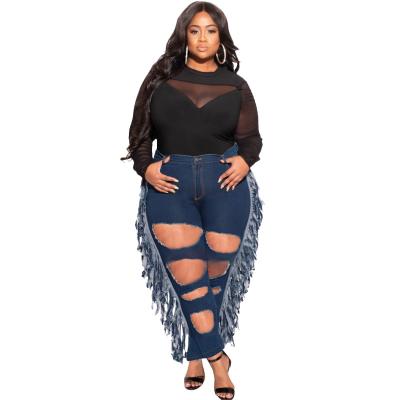 China Viable Plus Size Pants High Waist Womens Pants Ripped Jeans Ladies Plus Size Tassel Fringe Skinny Pants for sale