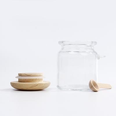 China Food Bath Salts Packaging Container 8oz 250ml Reusable Herb Tea Glass Storage Jar With Wooden Spoon And Lid for sale