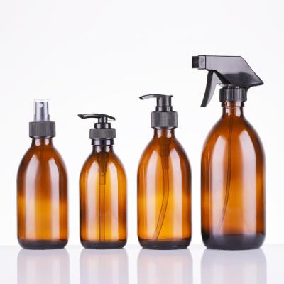 China Personal Care In Household Amber Glass Bottle Cosmetic Glass Stock Pump Bottle for sale