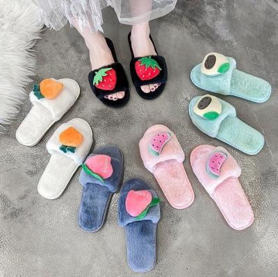 China New Designer Fashion Design Fluffy Faux Fur Slippers Fruit Fur Shoes Platform Fur Indoor Slippers for sale