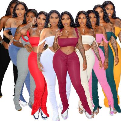 China 2021 Breathable 2 Piece Yoga Outfit Women Stacked Leggings With Jogging Sports Bra Suits Tracksuit Pants Set for sale