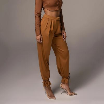 China New Anti-wrinkle Funw Solid Color Hot Selling Pants With High Waist And Belted Women Clothes Pants And Trousers for sale