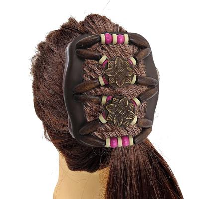 China As Picture Show Women Handmade Wooden Beaded Magic Hair Comb Elastic Hair Clips Stretch Hairpins for sale