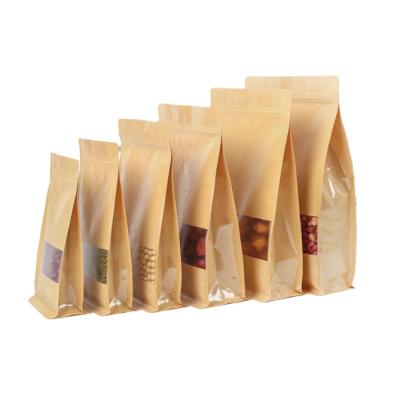 China Disposable Zip Pouch Brown Kraft Paper Bags Dried Food Packaging Bags With Window for sale