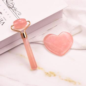 China New Arrival Double Rollers Jade Roller GuaSha Massage Set Heart Rose Quartz Mini Roller Mini GuaSha for sale