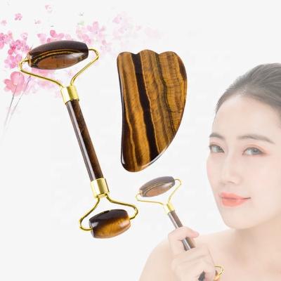 China Double Rollers Massage Roller Beauty Tool Brown Tiger Eye Jade Roller Gua Sha Facial Set for sale