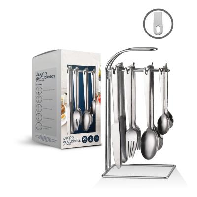 China Modern Viable Mirror Hand Polishing Stainless Steel Flatware Hanging Flatware Set 16pcs or 24pcs Set with Metal Rack Holder PVC Box for sale