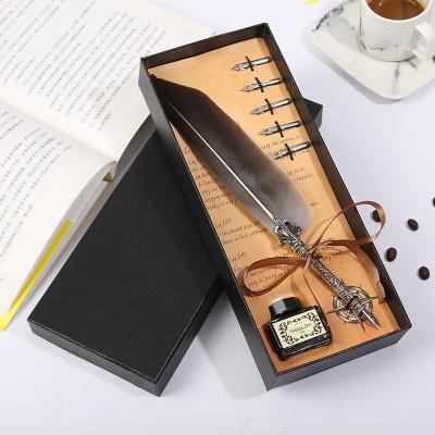 China Creative Vintage Pen Party Birthday Christmas Gifts Feather Custom Gray Pen Maker Gift Box Hot Feather Quill Pen for sale