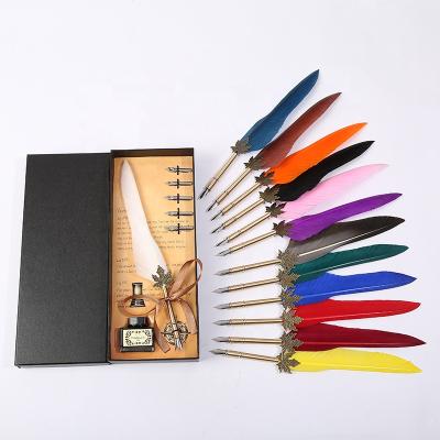 China Creative Antique Writing Pen Calligraphy Pen Feather Post Leaf Pen Wholesale Custom Vintage Color Pen for sale