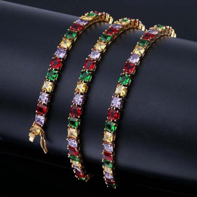 China 4MM punk hip hop rhinestone tennis chain necklace men colorful tennis women brass chains for sale