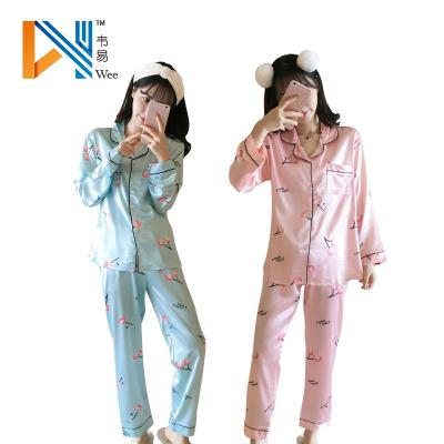 China Lapel QUICK DRY simulation cardigan set pajamas women silk sleepwear for sale for sale