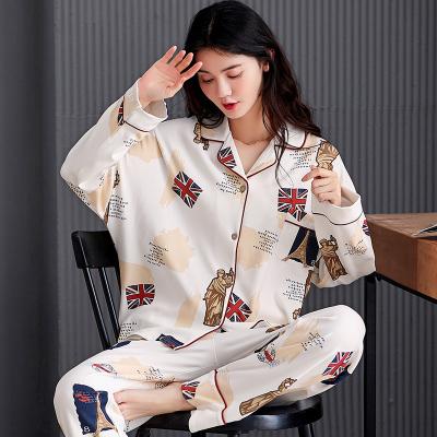 China Breathable Cute Style Long Sleeve Pants Sleepwear Cotton Pajamas Set Cardigan V-Neck Housewear Women 2 Pieces for sale