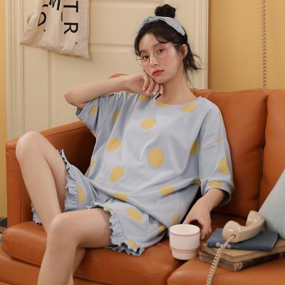 China Summer Layies Breathable Home Pajamas Shorts Suit Cotton Cute Round Neck Women's Sleepwear With 2 Pieces for sale