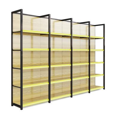 China 5 Layer Supermarket Shelf Single Side Supermarket Store Display Wooden Grocery Retail Shelf Multi-Tier Rack Cosmetic Grocery Display Timber Shelves Snacks Rack for sale