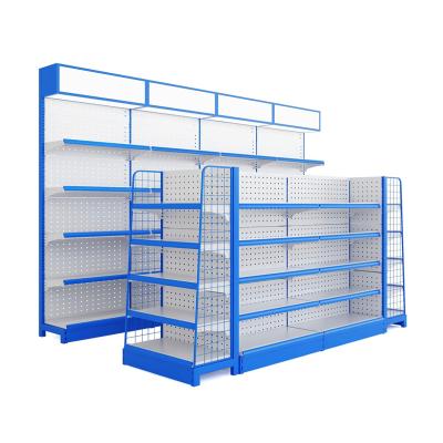 China Hot Single Sided Supermarket Super Popular Multi Shelf Case Store Rack For Sale Blue White Metal Steel Heavy Duty Store Layer Style for sale